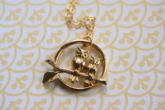 Gold Owls Pendant Necklace, 14kt Gold FIlled Chain, Small Branch, Upcycled Vintage Charm, Two Owls Jewelry, Cute Fashion Gift