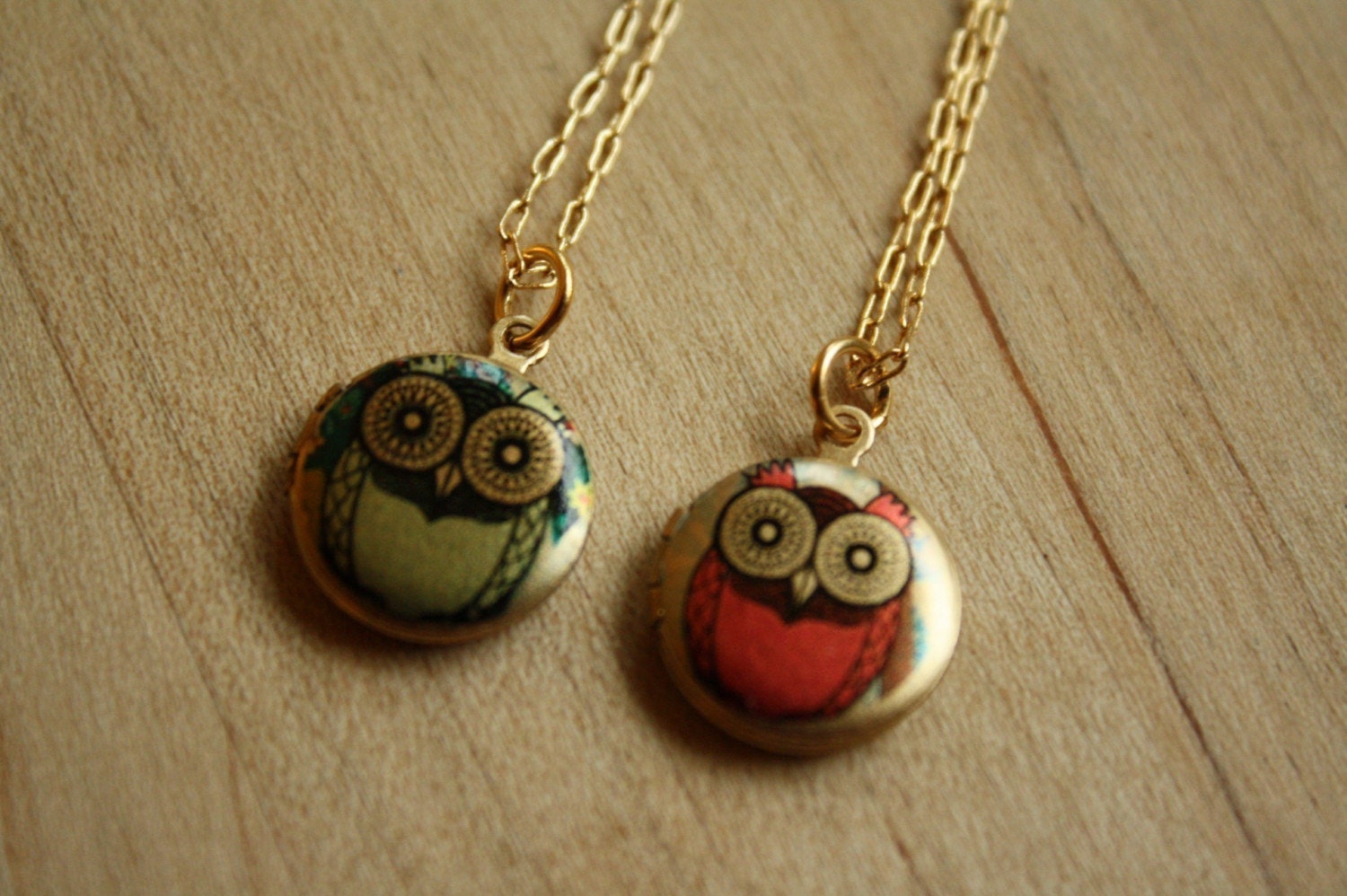 Small Green Whimsical Owl Locket Necklace, Miniature Pendant, 14kt Gold Filled Chain, Girl's Bird Jewelry, Round Photo Jewellery, Fashion