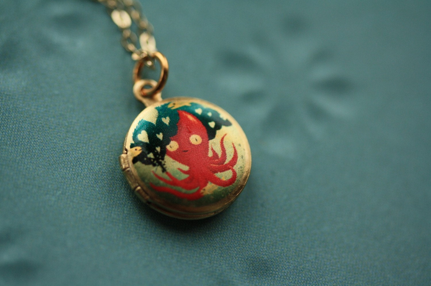 Octopus Locket Necklace with Hearts, Small Red Sea Pendant, Miniature, 14kt Gold Filled Chain, Photo Charm, Colorful Blue Necklace