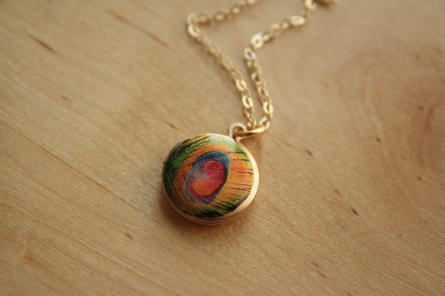 Colorful Bird Fashion Peacock Feather Locket Necklace, Small Pendant, 14kt Gold Filled Chain, Photo Feather Jewelry, Miniature Jewellery