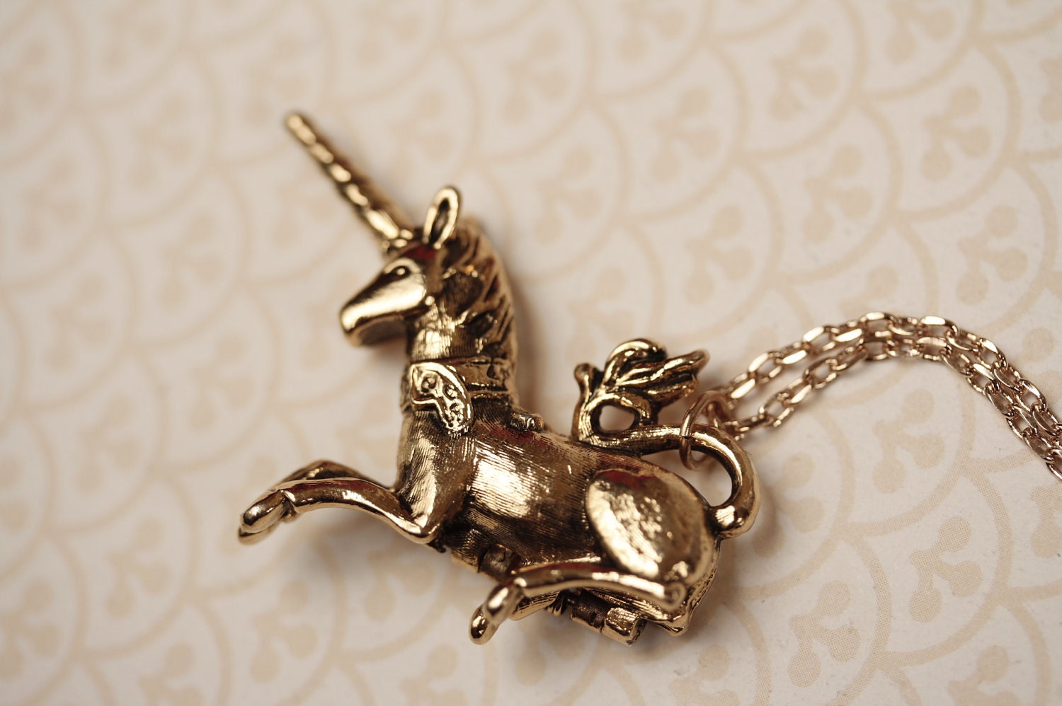 Vintage Gold Unicorn Locket Necklace, Unique Pendant, Hidden Carrier, Fantasy Horse, Long Chain