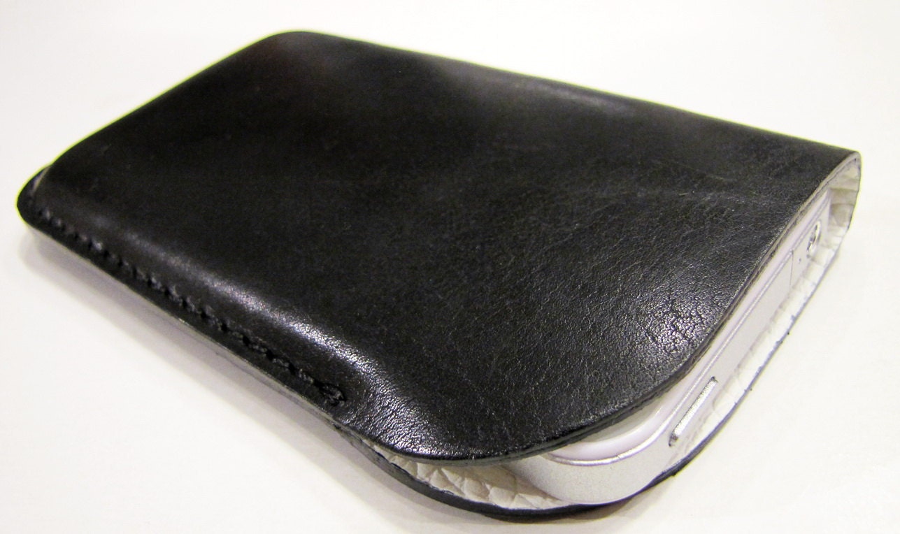 SALE 40% OFF. Black & White. iPhone 4 Case in Black, Buffalo Leather. White Leather Lining. Unique handmade case. UNIQUE