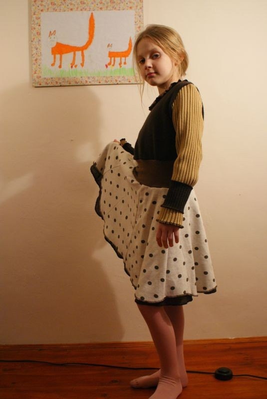 Twirl dress in brown, polka dots, double skirt full circle  - eco friendly, from recycled clothing and linen