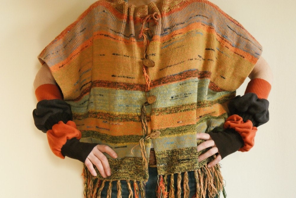 Arm Warmers Gloves Mittens Fingerless Brown Dark Orange Recycled Clothing Brown Blue Winter Fashion Upcycled Clothing