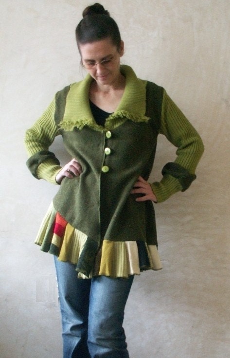 Recycled woman's springly asymmetrical jacket in shades of green Upcycled recycled woman's Eco friendly style