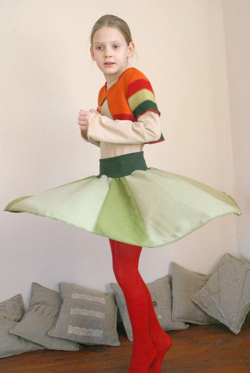 Twirling Skirt and Short Sleeves Bolero for Girl Kids  Orange Green Eco Friendly Funky Style Winter Fashion Upcycled Clothing