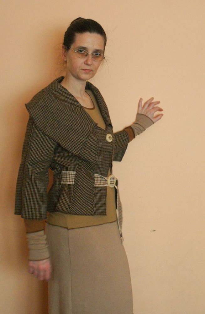Upcycled woman's clothing Brown jacket in checked Eco friendly style Reconstructed jacket Spring fashion Big colar