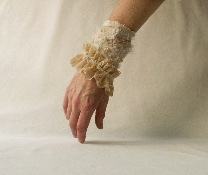 Victorian bridal lace cuff. Asymmetrical unique bright bracelet. Made for order.