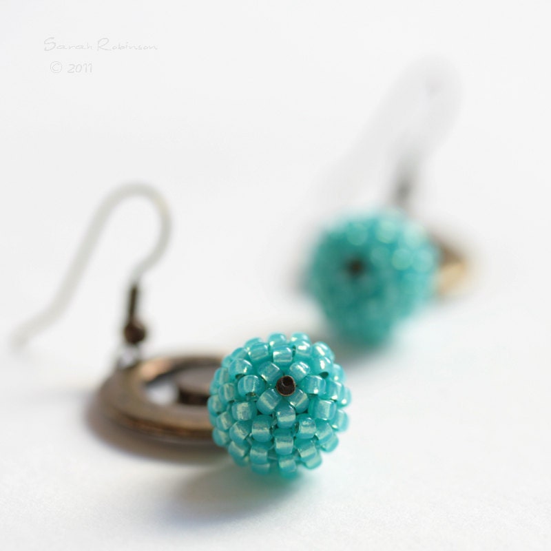 Green Turquoise Beaded Bead earrings with Golden Spiral