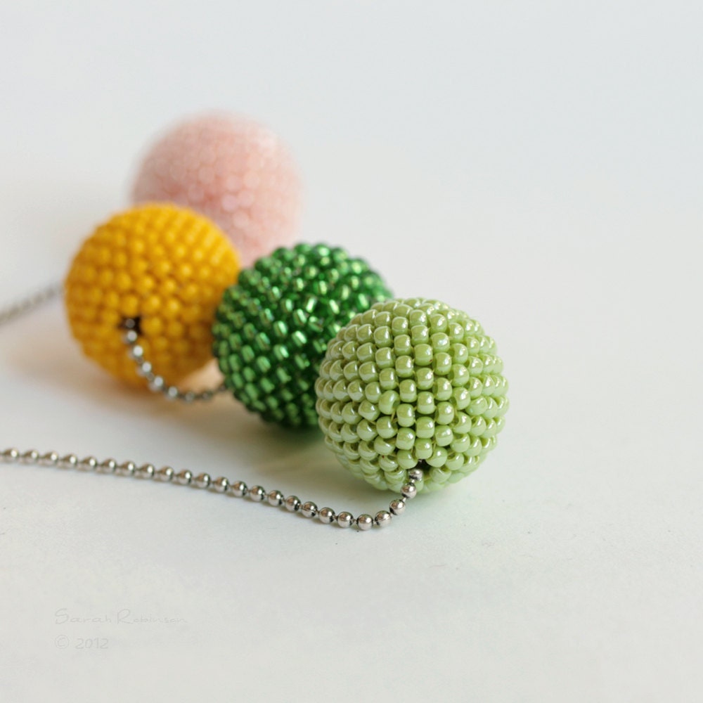 Sunflower Beaded Beads Necklace. Green, blush and Yellow