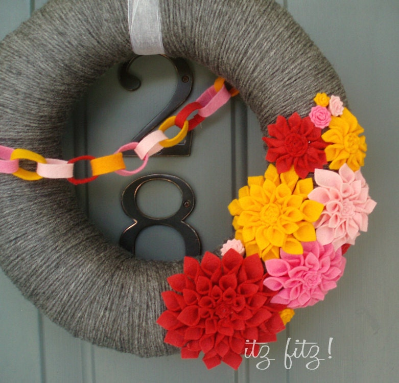 Yarn Wreath Felt Handmade Door Decoration - Strawberry Punch 12in