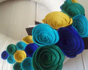Yarn Wreath Felt Handmade Door Decoration - Peacock Garden 12in