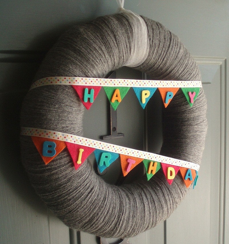 Happy Birthday Bunting Banner Handmade Front Door Yarn Wreath - 12in