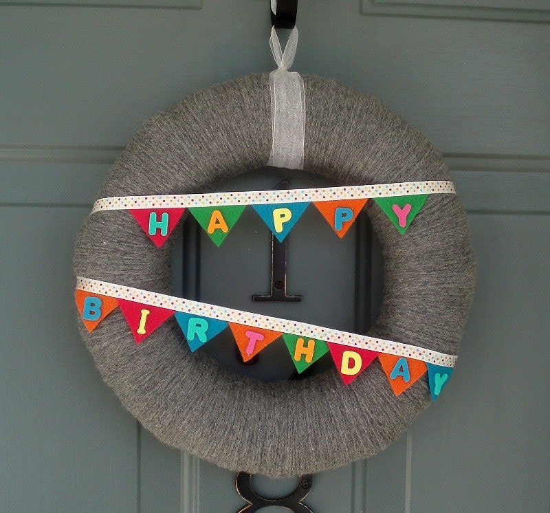 Happy Birthday Bunting Banner Handmade Front Door Yarn Wreath - 12in