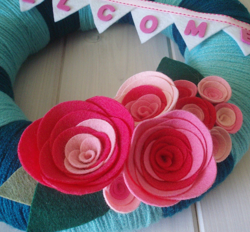 Yarn Wreath Handmade Front Door - Bubblegum 12in.