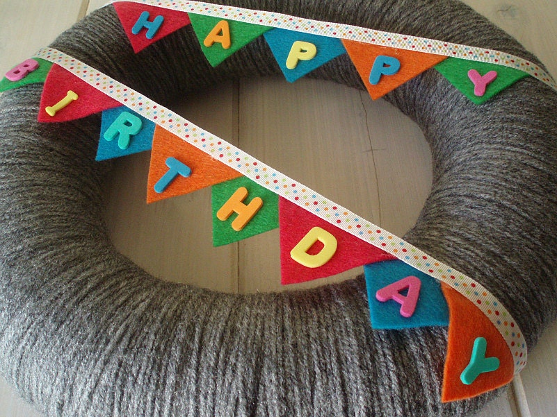 Happy Birthday Bunting Banner Handmade Front Door Yarn Wreath - 12in