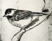 Bird Decor - Wall Art - Black Capped Chickadee Bird Print - Black and White Decor - Print of my Original Etching - Monochromatic Shabby Chic
