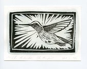 Bird Art Print - Hummingbird Art  - Limited Edition of 12 - Signed Print - Handpulled Linocut with Watercolor - Gift Idea for Bird Lovers