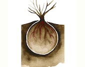 Tree art - Print of Watercolor - Tree with a Heart and Roots - Nature Decor - Natural Earth Brown -