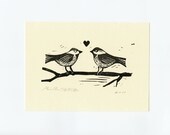 Bird Art - Signed Original Print - Two Chickadees on a Brach with a Heart - Wall Art - Hand carved Hand printed Block Print  - 5x7-  Sale