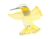 Golden Hummingbird Art - Archival Print of Original Oil Painting  - Bird Decor - Mustard Decor- Children Art - Yellow and Gray Nursery Decor