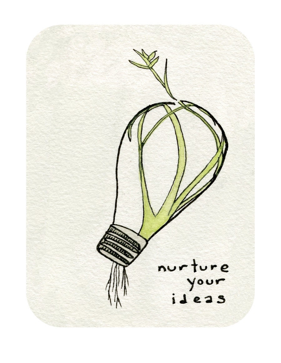 Nurture Your Ideas Art Print - Motivational Art - Inspiration Art - Workspace Decor - Plant in Lightbulb - Studio Wall Art