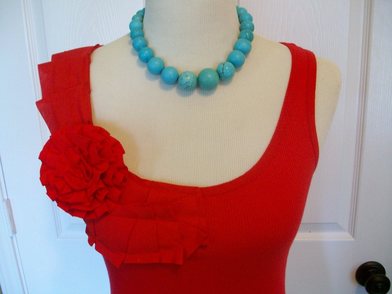 Embellished Ruffles Tank Top in Red with Red Rose Removeable Flower