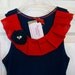 Embellished Tank Top with Red Box Pleat Ruffle and Navy Rose with Pearls