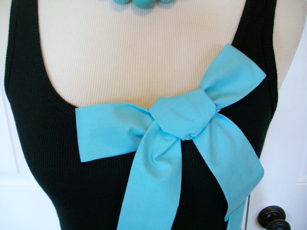 Embellished Black Tank Top with Fabulously Fun Turquoise Bow