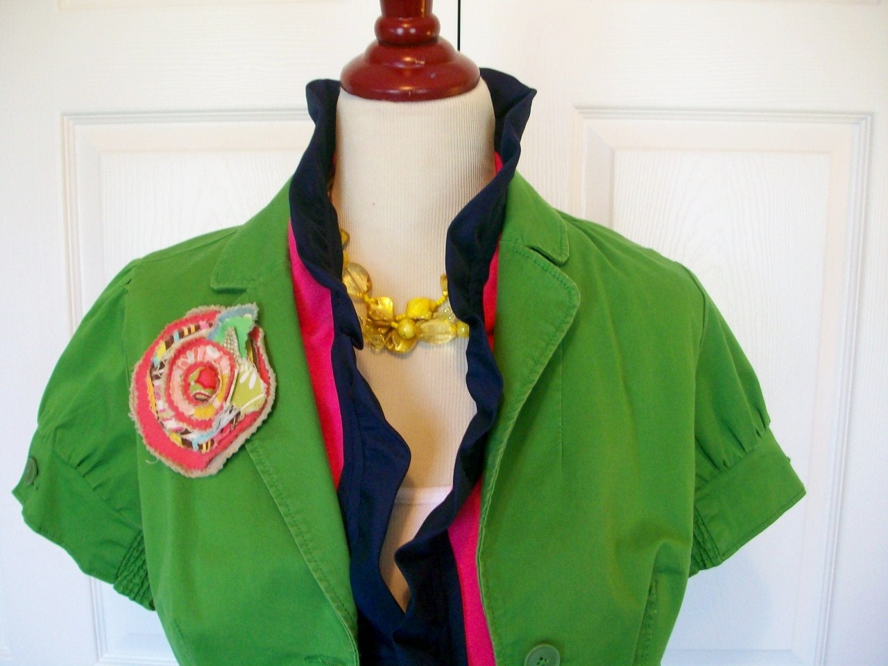 Ruffle Scarf in Pink with Lime Green Pom Poms and Navy Ruffle