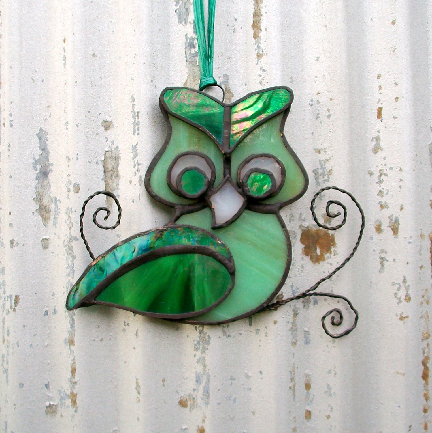 Gorgeous Green, Iridescent Stained Glass Owl