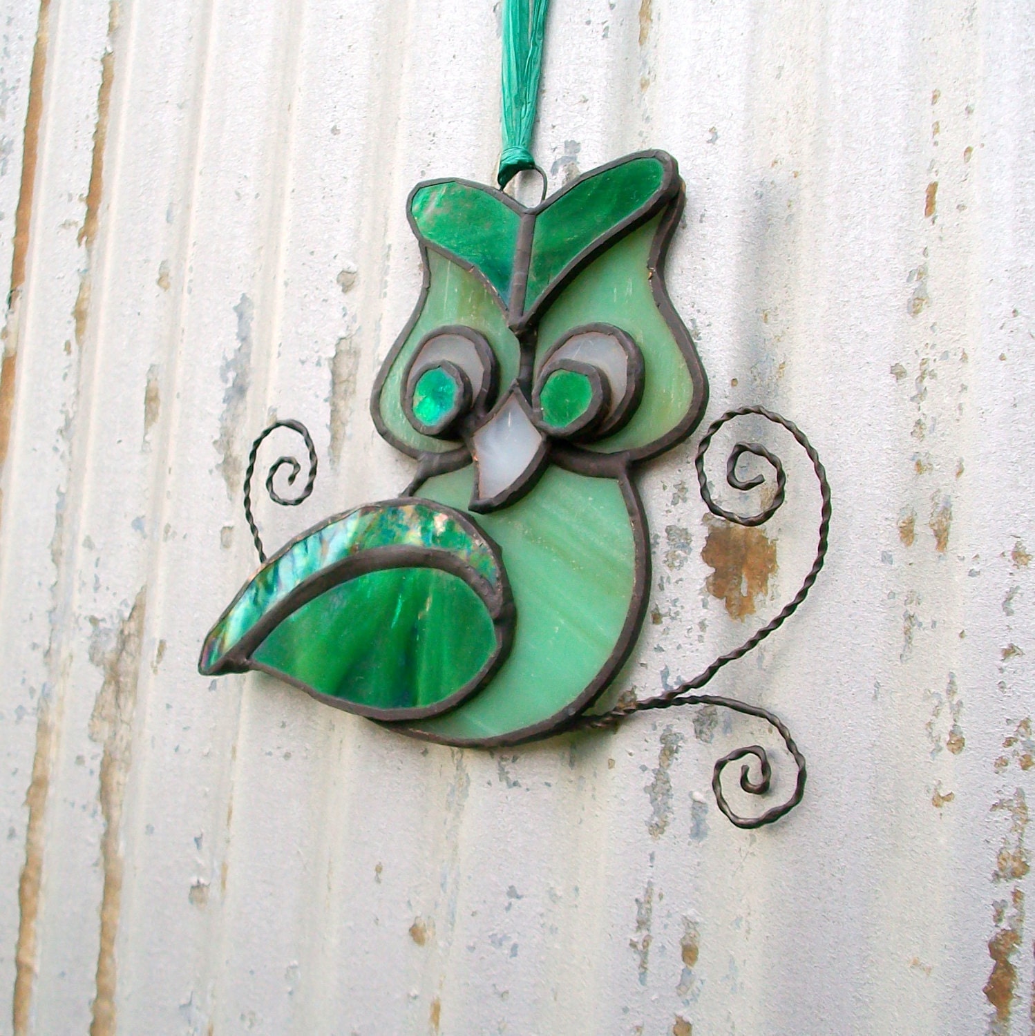 Gorgeous Green, Iridescent Stained Glass Owl