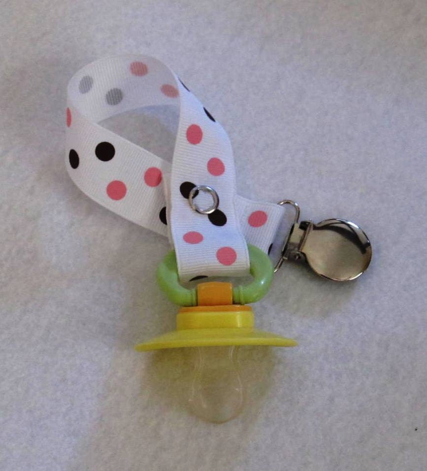 Girls Pacifier Clip Pink and Brown Dots- Infants- Babys- Toddlers