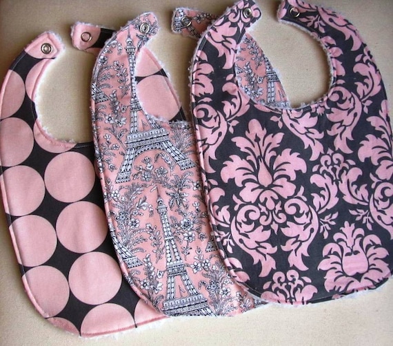 Girls Baby Bibs, Set of 3, Michael Miller Pink Eiffel Tower, Dandy Damask, Disco Dot with White Chenille Custom Baby Bibs Ready To Ship