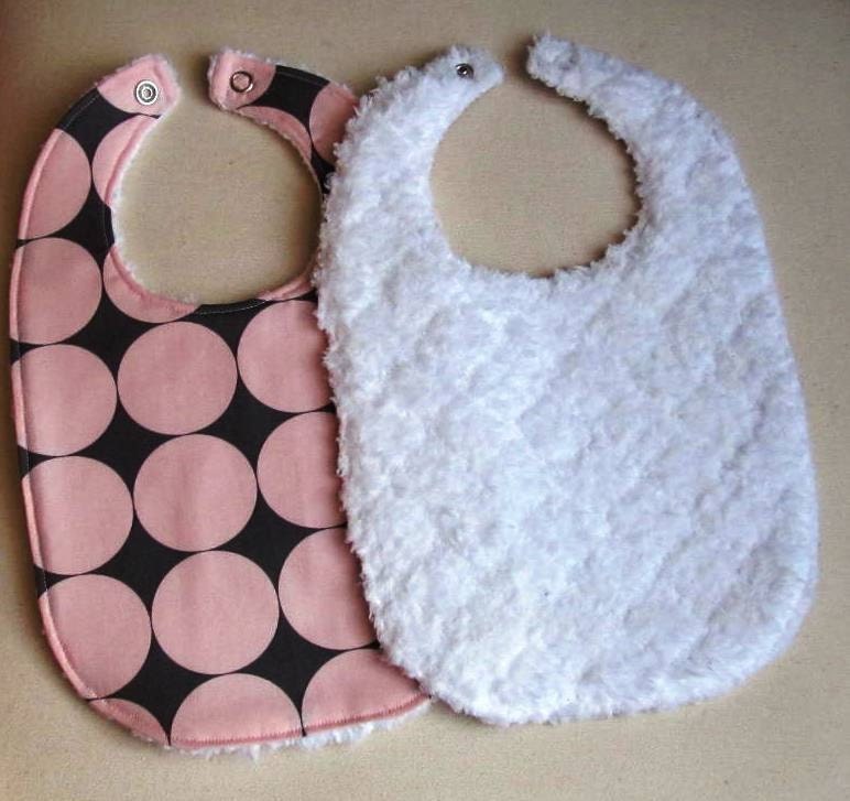 Girls Baby Bibs, Set of 3, Michael Miller Pink Eiffel Tower, Dandy Damask, Disco Dot with White Chenille Custom Baby Bibs Ready To Ship