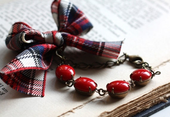 Vintage Red Glass Bracelet with Plaid Bow. Preppy