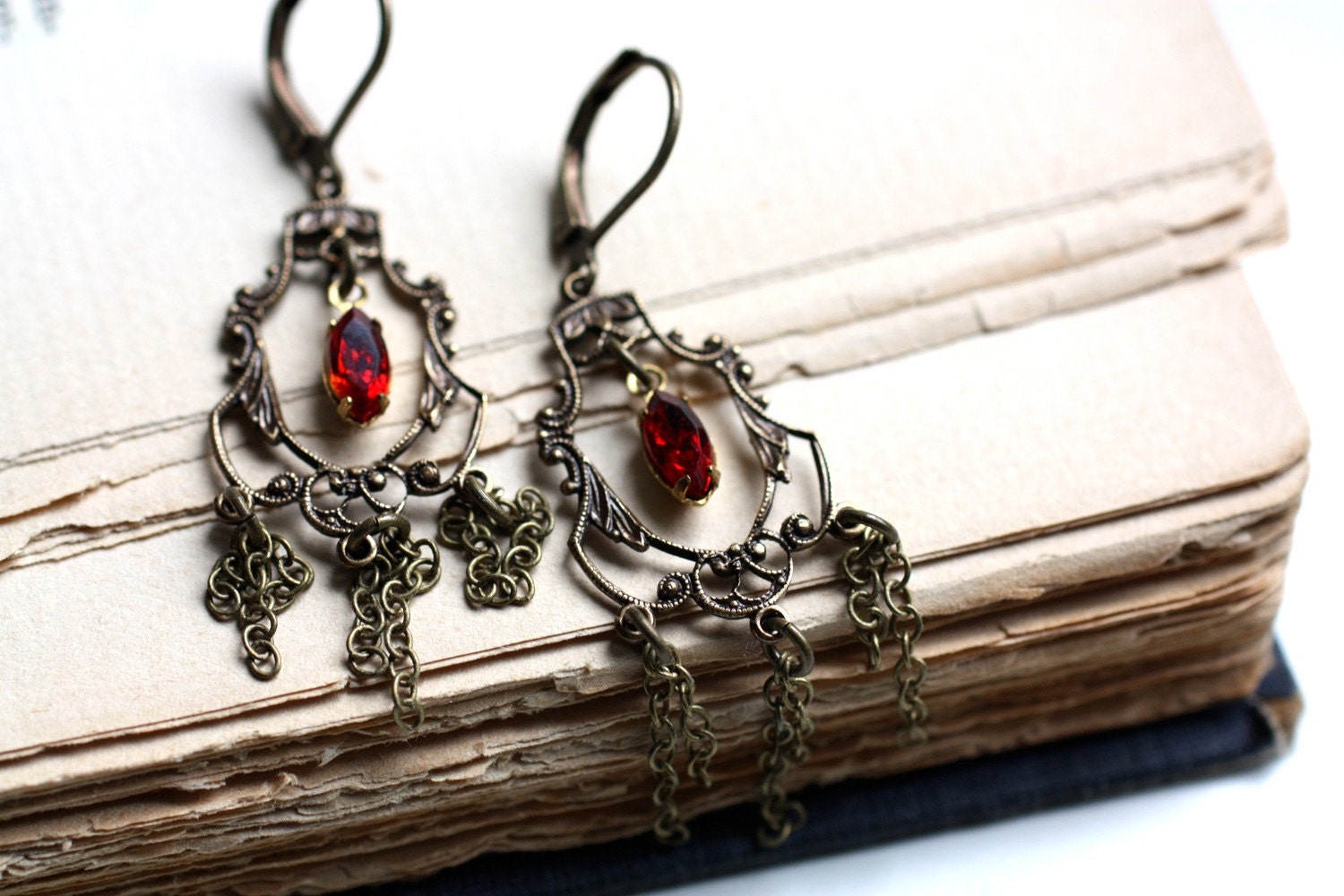 Baroque Chandelier Earrings with Vintage Ruby Jewels. Marquise