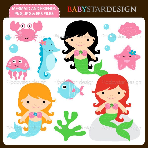 Mermaid and Friends Clipart. zoom. PRODUCT : You will receive : 12 separate