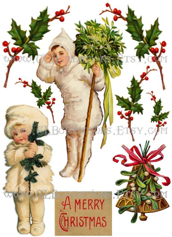 Merry Christmas Digital Collage Sheet for Holiday Cards, Scrapbooks, Art Journals, Holiday Decorations, Gift Wrap or Christmas Gift Tags
