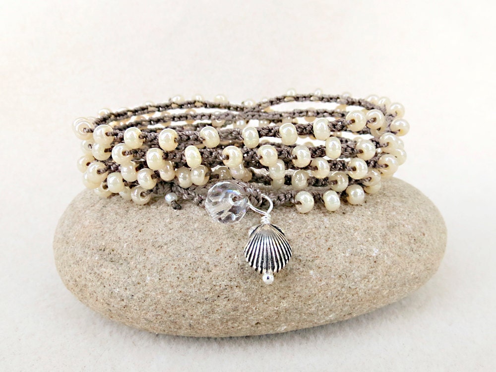 Sandy Beach Crochet Wrap Boho Bracelet or Necklace in Glass Pearl Seed Bead, Hand Crochet Jewelry by Creative Gypsy on Etsy