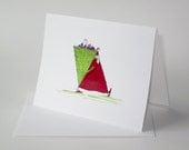 Hand painted sparkly Christmas card featuring a jolly red Santa Claus with tree sack and gifts ... Xmas greeting card