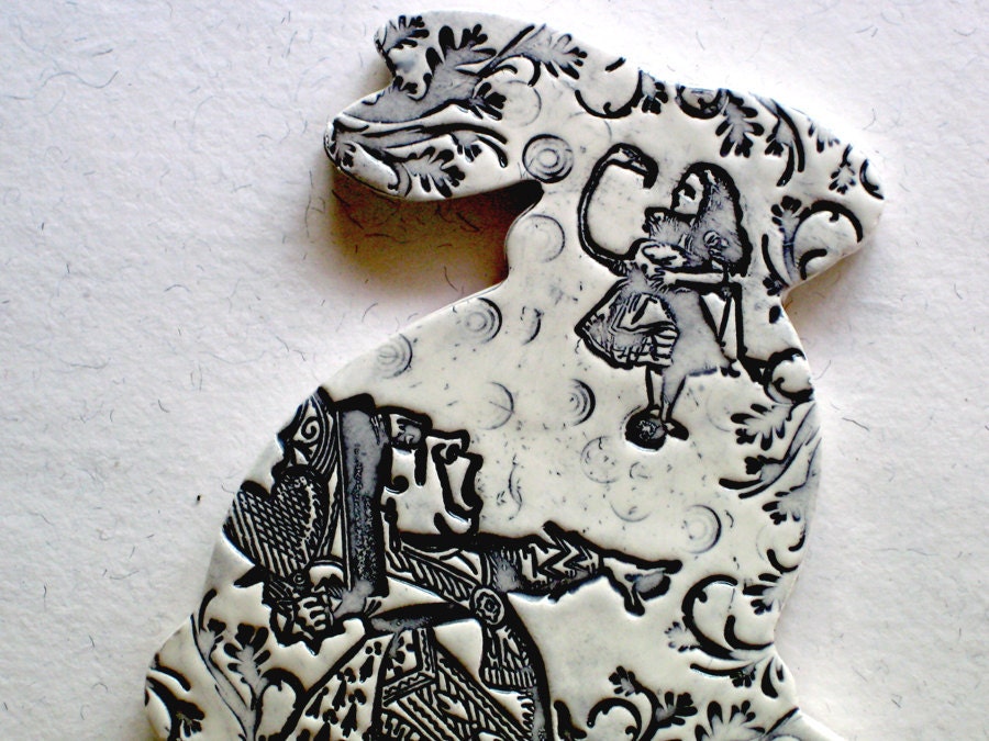 Alice's, It's Your Turn - Rabbit Wall Hanging / Ceramic Keepsake in Black & White --- Alice in Wonderland Room Decor