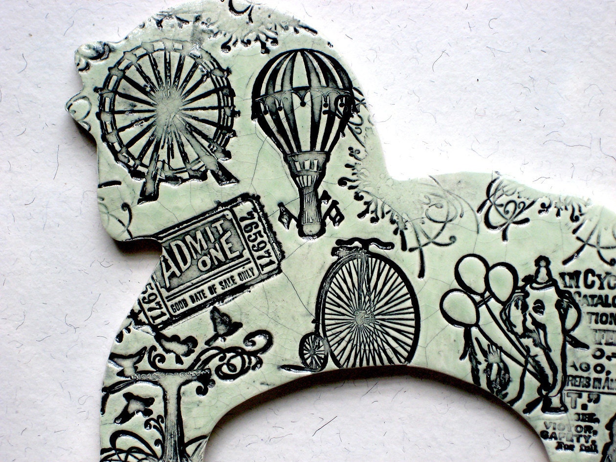 Celadon Circus Horse - Primitive Style Ceramic Wall Decor