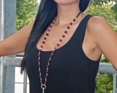 Long Sterling Silver and Fushia Agate Necklace finished with an Antique Key