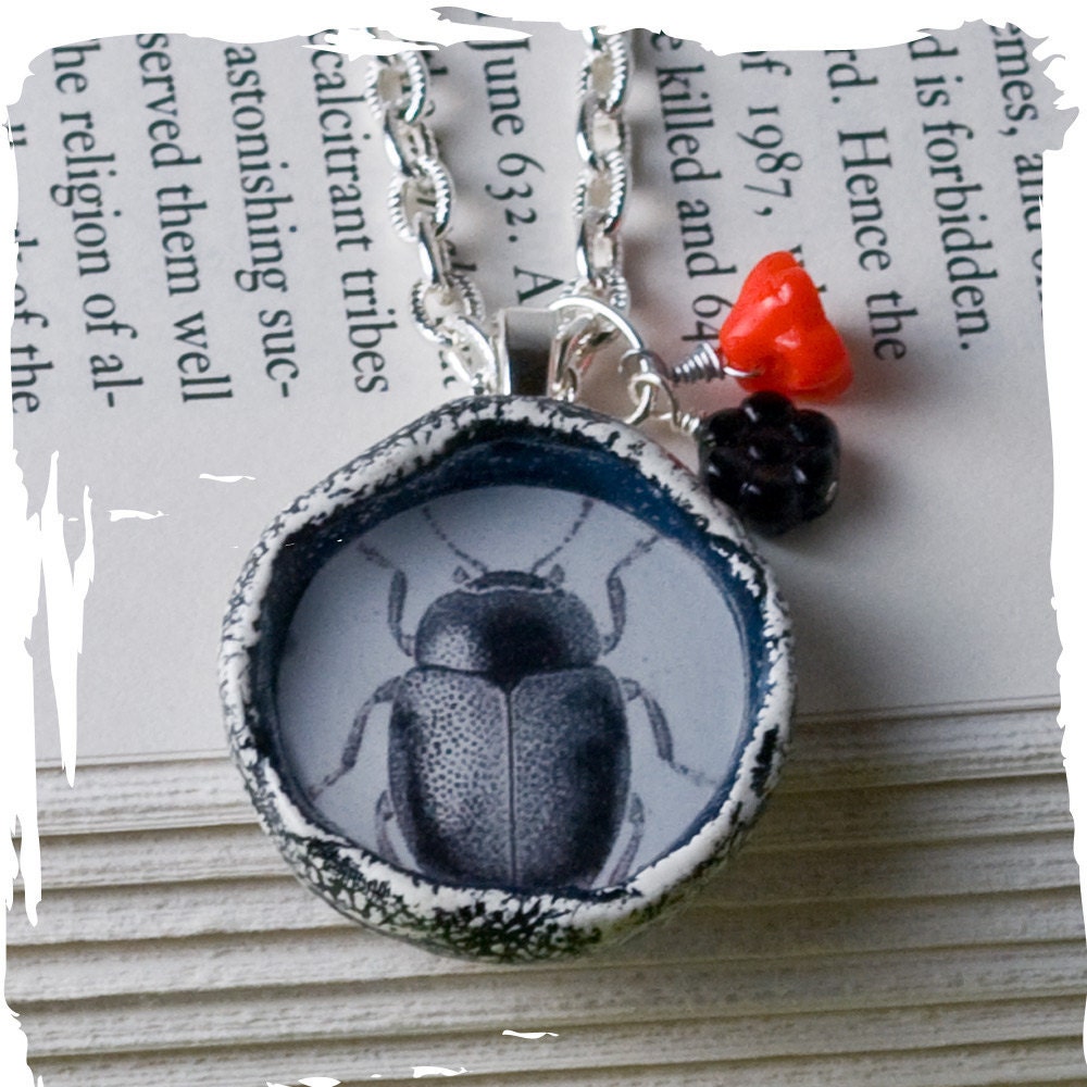 Black and White Beetle Necklace Symbolic Necklace, Nature Jewelry