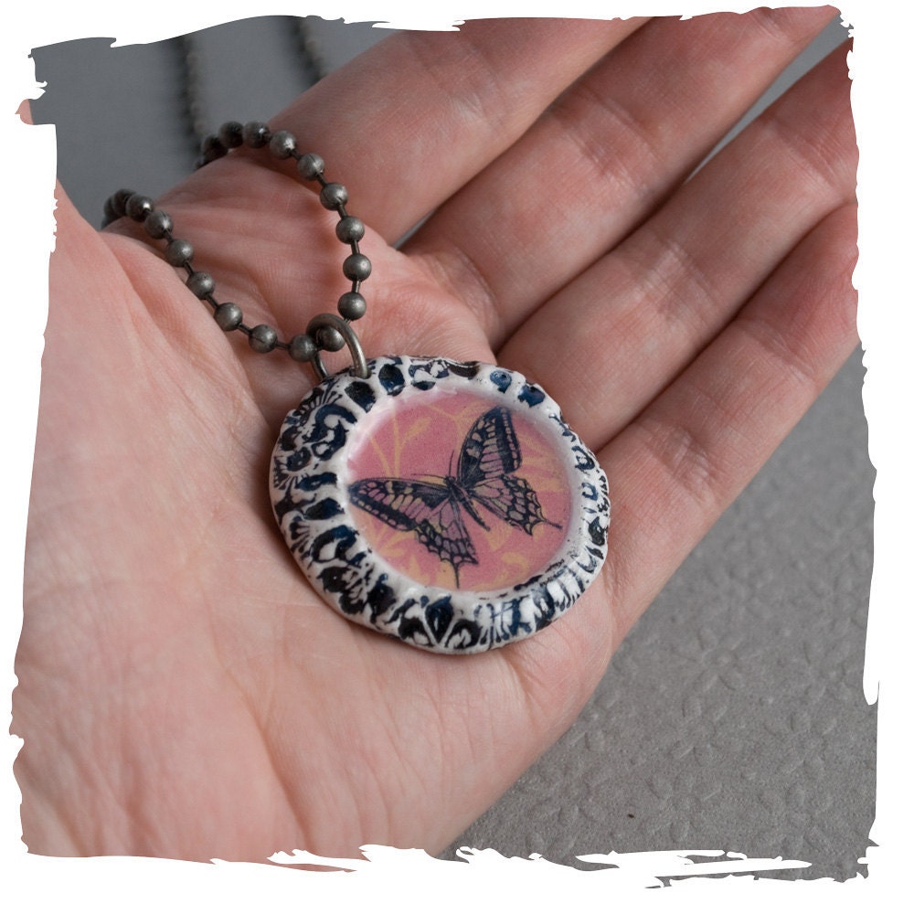 Black and White Handmade Butterfly Necklace with Antique Silver Ball Chain