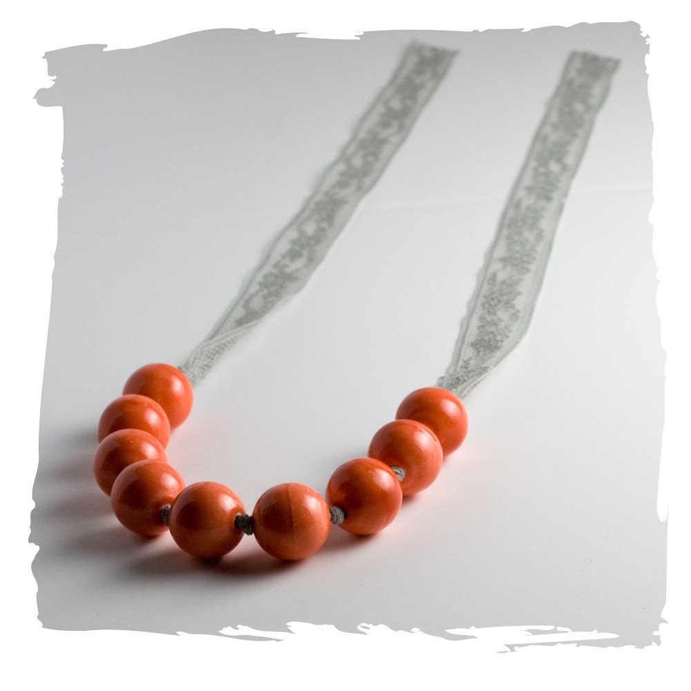 Orange Necklace Handmade Colorful Orange Ceramic Necklace Hand Knotted Grey Lace Necklace