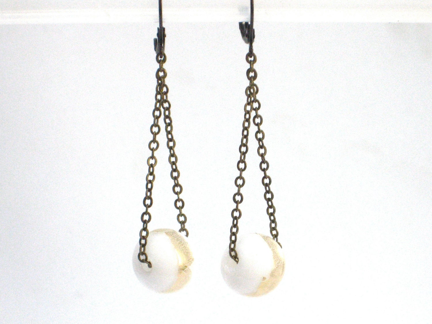 White Gold Earrings, Snow Christmas Sparkle, Artisan Hand Blown Glass, Holiday Inspired, Long Antiqued Brass Dangle Earrings