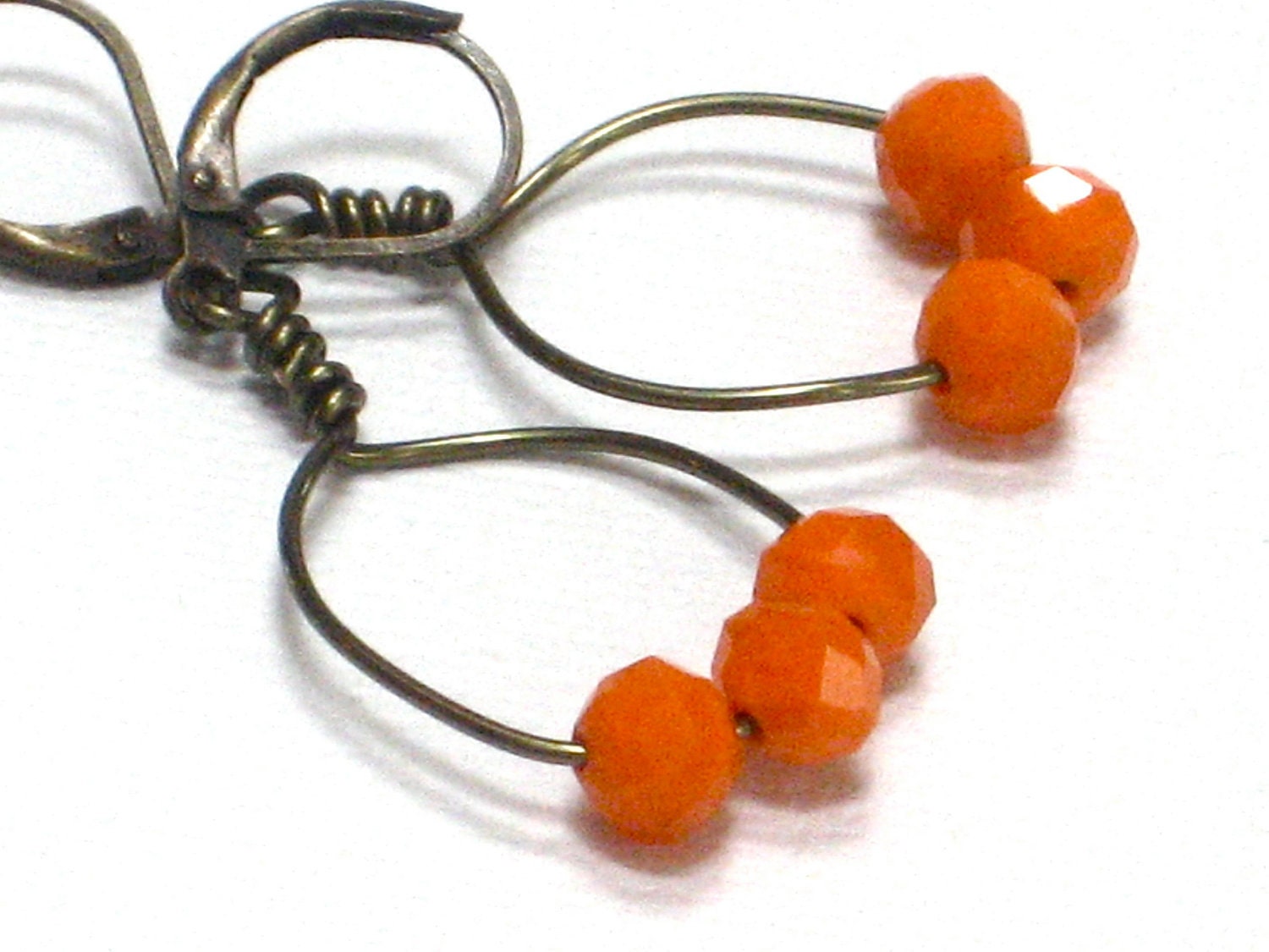 Tangerine Earrings, Handcrafted Antiqued Brass Hoop Earrings Spring Fashion Under 15 - Ripe Orange