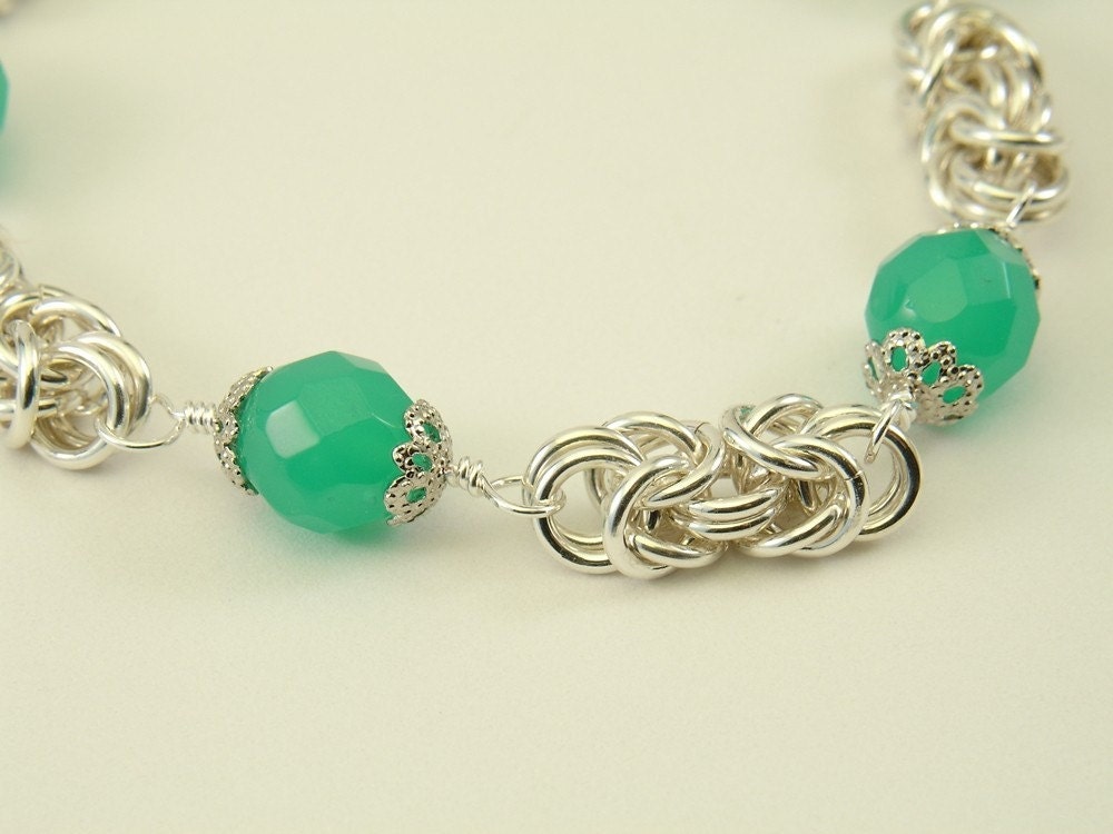 Handmade Silver Chainmaille and Teal Chrysoprase Bracelet